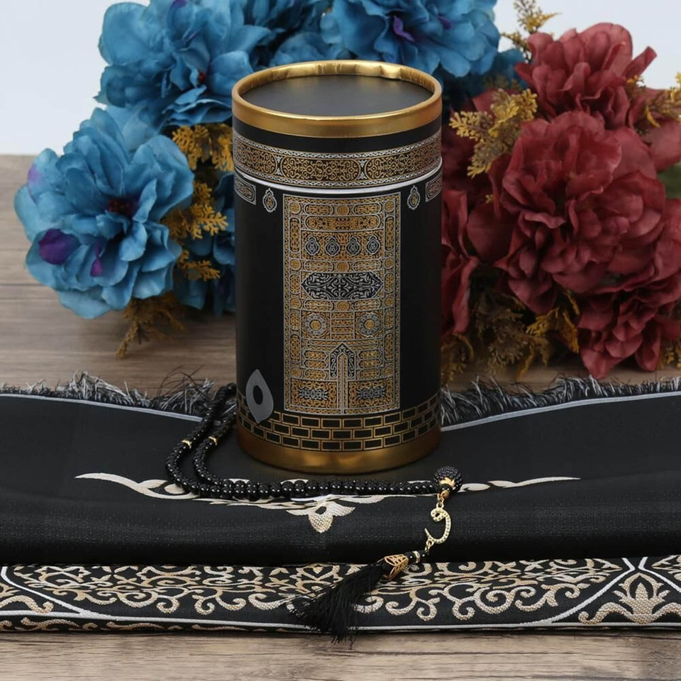 Personalized Black Cylinder Kaabaa Design Box | Kaaba Sajadah | 33 Beads Pearl Tasbih Set | Islamic Gift | Personalized Gift | Unique Gift