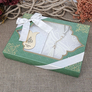 Personalized Green Islamic Gift Box | Personalized Gift | Sajadah | 99 Beads Pearl Tasbih | Gift For Mom | Gift For Her
