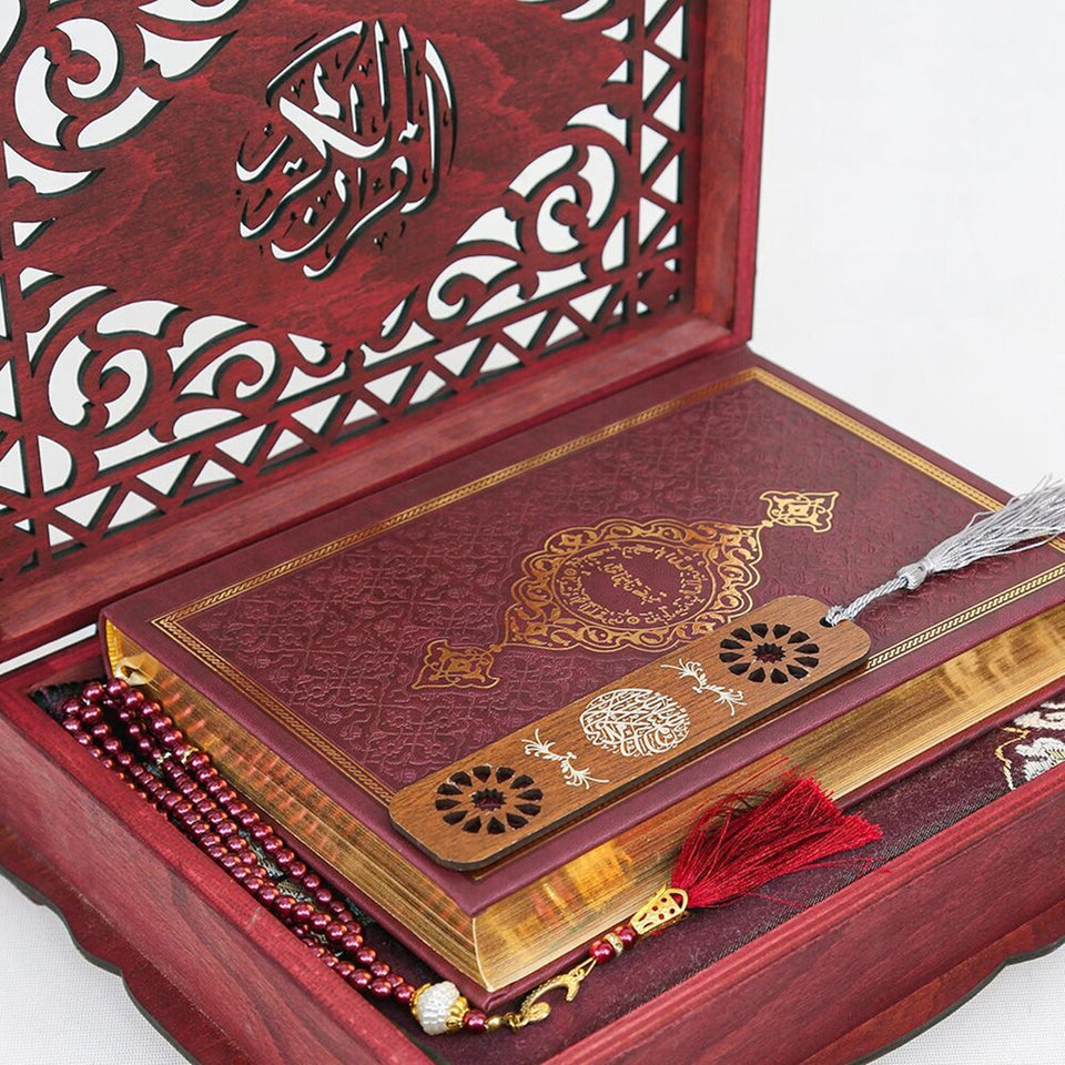Lux Claret Red Wooden Islamic Gift Box | Special Gift for Father | Thermo Leather Quran | Prayer Mat and Tasbih Set | Unique Gift for Dad