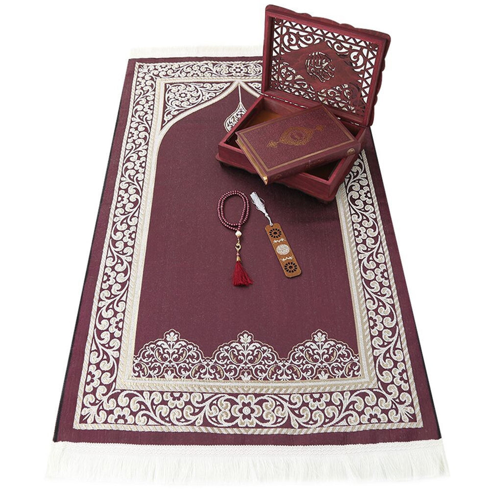 Lux Claret Red Wooden Islamic Gift Box | Special Gift for Father | Thermo Leather Quran | Prayer Mat and Tasbih Set | Unique Gift for Dad