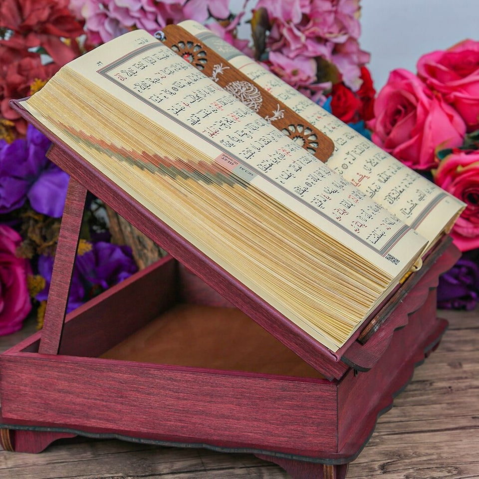 Lux Claret Red Wooden Islamic Gift Box | Special Gift for Father | Thermo Leather Quran | Prayer Mat and Tasbih Set | Unique Gift for Dad