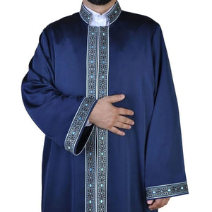 S, M, L, XL, XXL Navy Blue Thobe blue dotted bordures, Galabiyya, Jubbah Islamic Wear, Prayer Jubbah
