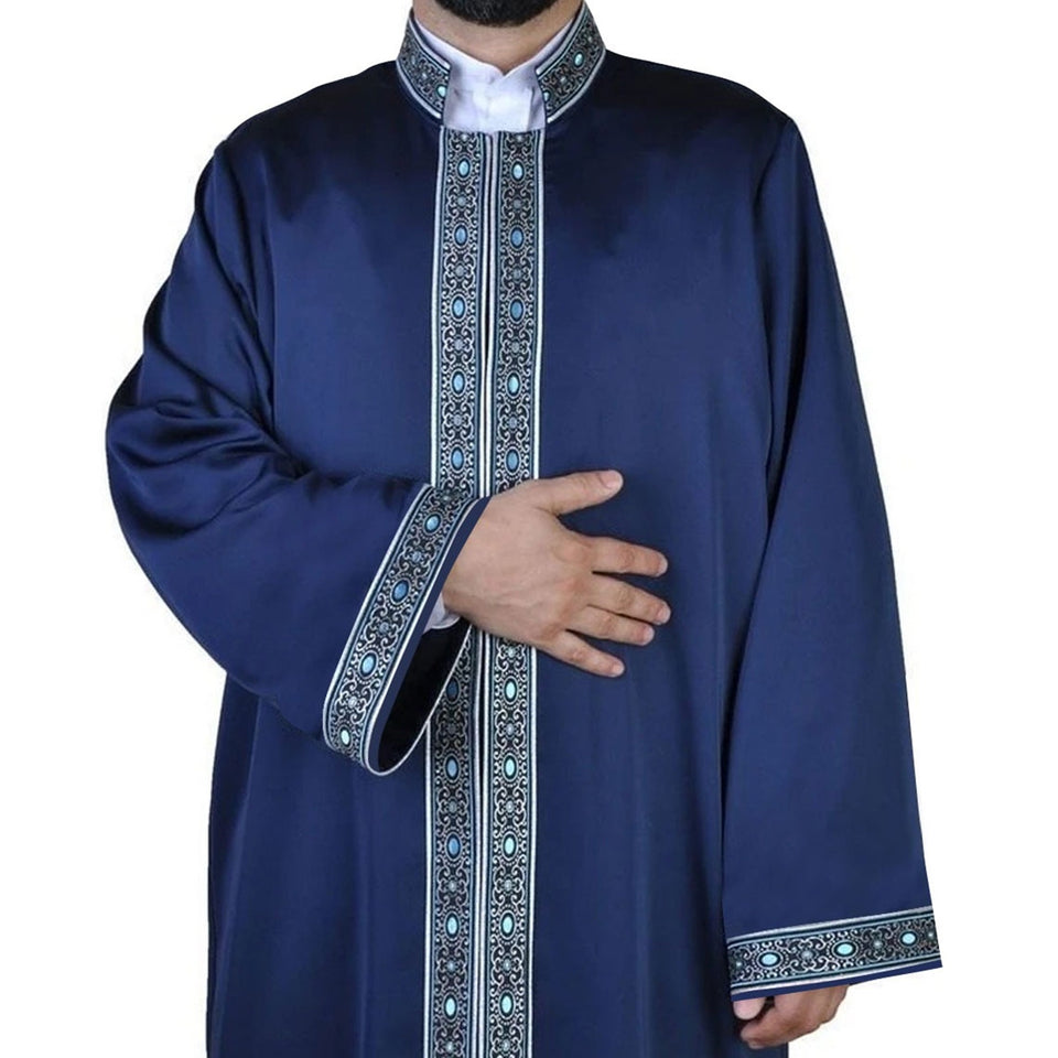 S, M, L, XL, XXL Navy Blue Thobe blue dotted bordures, Galabiyya, Jubbah Islamic Wear, Prayer Jubbah