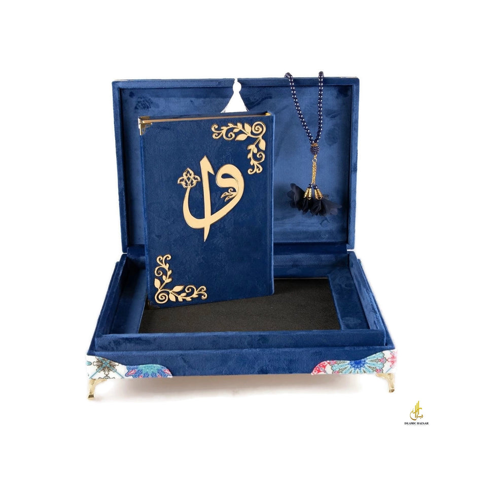 Lux Velvet Quran Box | Blue Quran Gift Set | Islamic Wedding Gift | Islamic Home Gift | Islamic Graduation Gift | Muslim Gifts