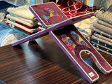 पर्पल वेलवेट कवर पवित्र कुरान रीडिंग डेस्क | कुरान होल्डर बुक स्टैंड रिहाल रेहल | लकड़ी के कुरान स्टैंड व्याख्यान