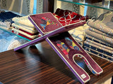 Escritorio de lectura del Sagrado Corán con cubierta de terciopelo morado | Soporte para libros Corán Rihal Rehal | Atril de madera con soporte de Corán