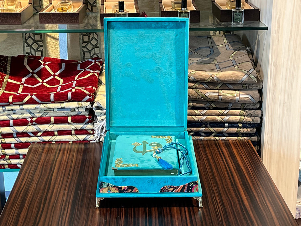 Velvet Quran Tasbeeh Islamic Gift Box | Turquoise Quran Gift Set | Islamic Wedding Gift | Islamic Home Gift | Islamic Graduation Gift