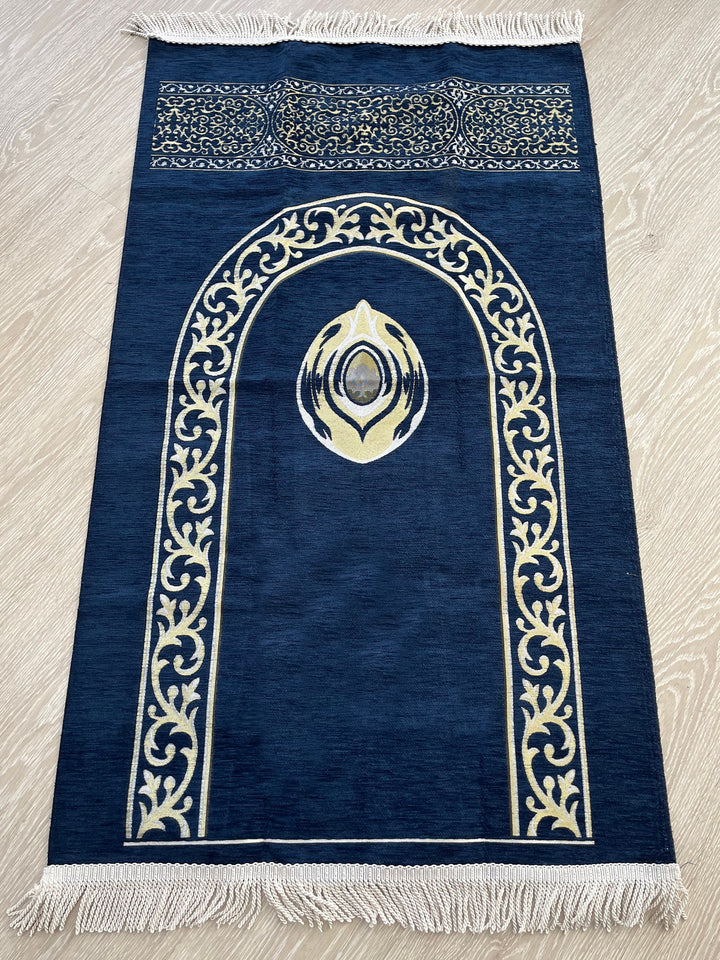 Hajarul Aswad Dark Blue Lux Prayer Mat, Chenille Fabric Sajjada, Lightweight Musallah, Prayer Rug, Janamaz Hajj Umrah Gift, Muslim Gift Set