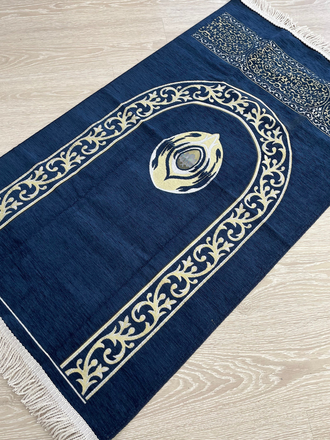 Hajarul Aswad Dark Blue Lux Prayer Mat, Chenille Fabric Sajjada, Lightweight Musallah, Prayer Rug, Janamaz Hajj Umrah Gift, Muslim Gift Set