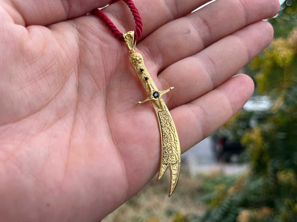 Gold Plated 925 Sterling Silver Zulfiqar Necklace with Black Stone, Arabic Written Imam Ali Zulfiqar Sword, Dhulfaqar Pendant, Shia Gifts