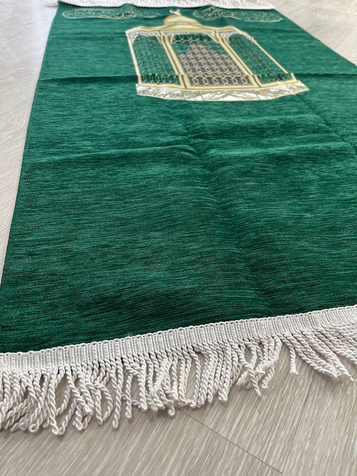 Maqam Ibrahim Green Lux Prayer Mat, Chenille Fabric Sajjada, Lightweight Musallah, Prayer Rug, Janamaz Hajj Umrah Gift, Muslim Gift Set