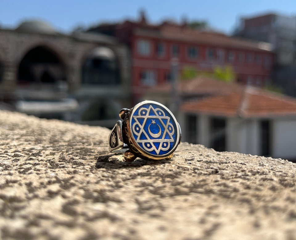 Crescent Moon and Star Ring, Sterling Silver Crescent Moon Star Rings, Blue Enameled celestial jewelry, Malcolm X Ring