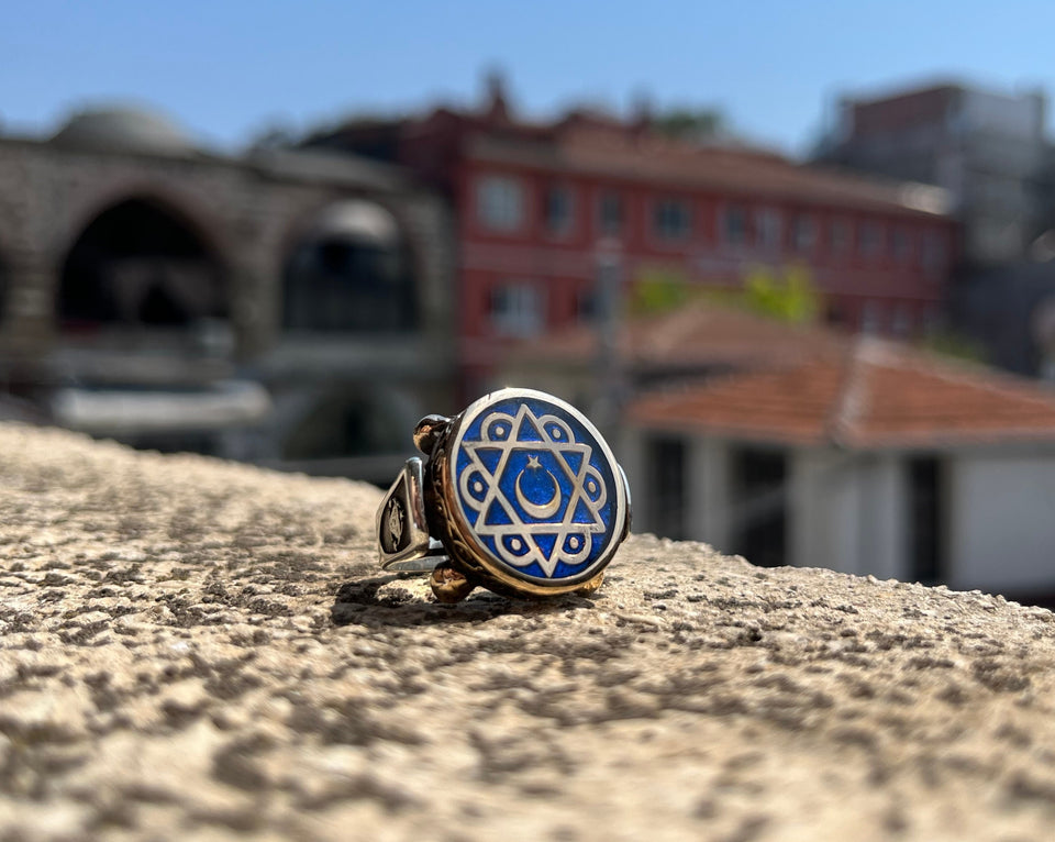 Crescent Moon and Star Ring, Sterling Silver Crescent Moon Star Rings, Blue Enameled celestial jewelry, Malcolm X Ring