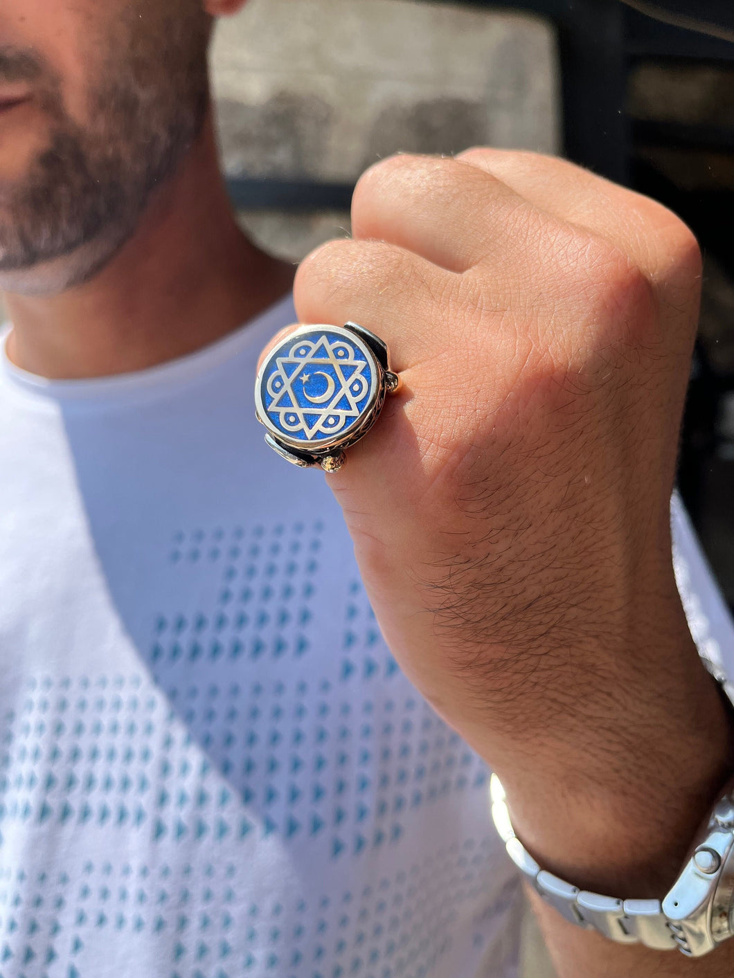 Crescent Moon and Star Ring, Sterling Silver Crescent Moon Star Rings, Blue Enameled celestial jewelry, Malcolm X Ring