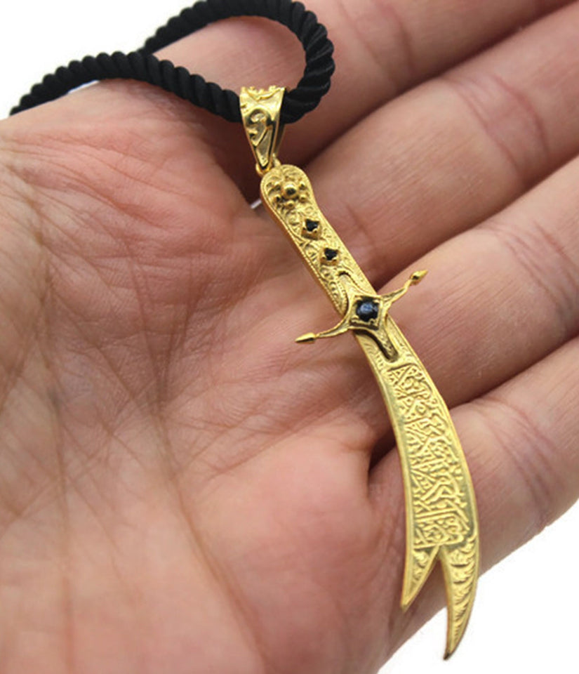 Ručno izrađena pozlaćena ogrlica od 925 srebra Zulfiqar, srebrna ogrlica, osmanski kaligrafski nakit, nakit po mjeri