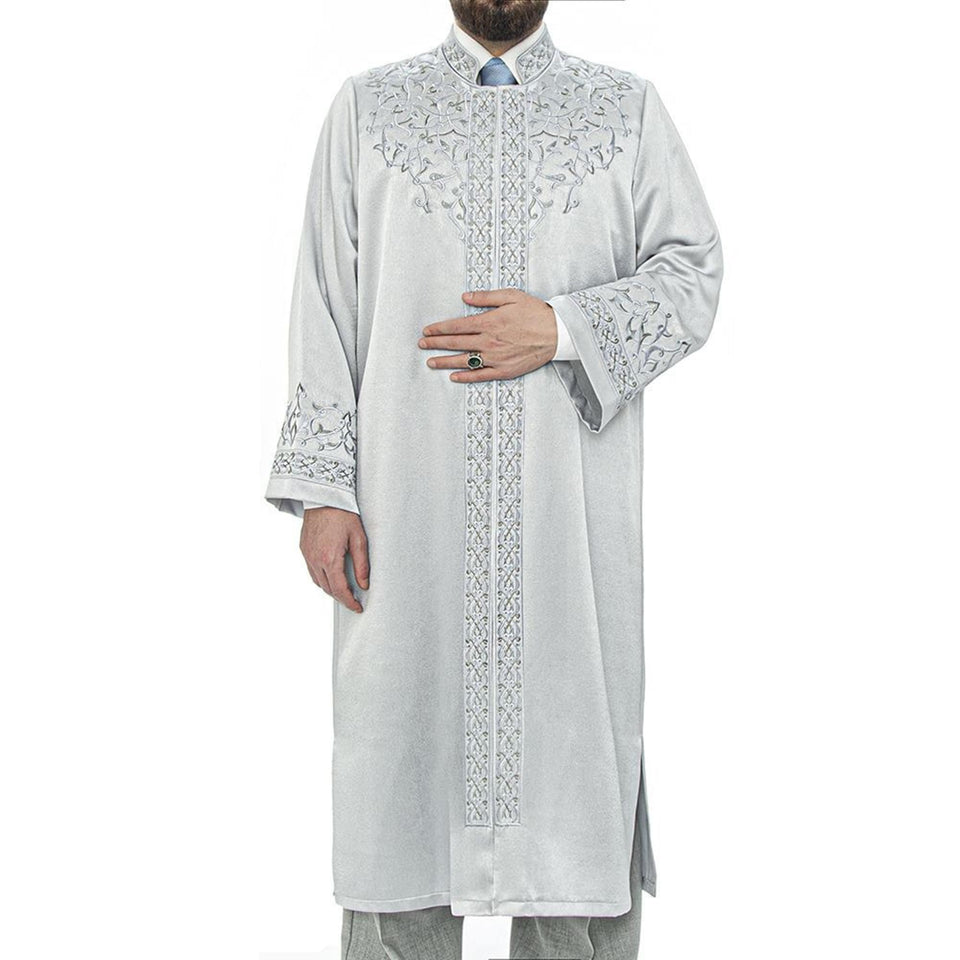 Srebrni Arafah Imams Jubbah S, M, L, XL Muslimanska muška molitvena haljina, islamska muška odjeća kaftan, lux vezeni Thobe, Jubba Thawb Bisht