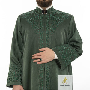 Zelena Al-Biruni Jubbah S, M, L, XL muslimanska muška molitvena haljina, islamska muška odjeća kaftan, lux vezeni Thobe, Jubba Thawb Bisht