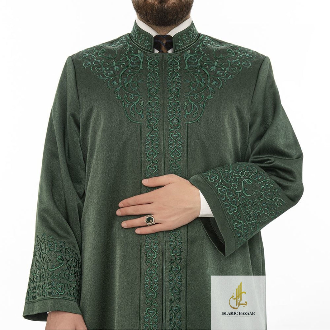 Green Al-Biruni Jubbah S, M, L, XL Muslim Mens Prayer Dress, Islamic Mens Clothing Kaftan, Lux Embroidered Thobe, Jubba Thawb Bisht