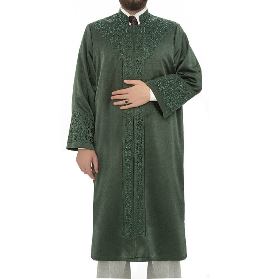 Green Al-Biruni Jubbah S, M, L, XL Muslim Mens Prayer Dress, Islamic Mens Clothing Kaftan, Lux Embroidered Thobe, Jubba Thawb Bisht