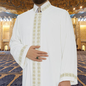 Lux Pure White Daisies Jubbah S, M Muslim Mens Prayer Dress, Islamic Mens Clothing Kaftan, Embroidered Thobe, Jubba Thawb Bisht