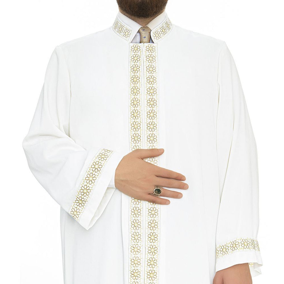 Lux Pure White Daisies Jubbah S, M Muslim Mens Prayer Dress, Islamic Mens Clothing Kaftan, Embroidered Thobe, Jubba Thawb Bisht