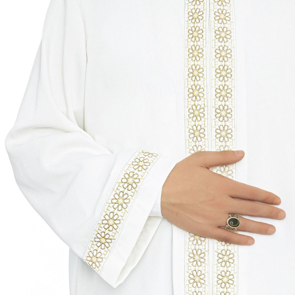 Lux Pure White Daisies Jubbah S, M Muslim Mens Prayer Dress, Islamic Mens Clothing Kaftan, Embroidered Thobe, Jubba Thawb Bisht