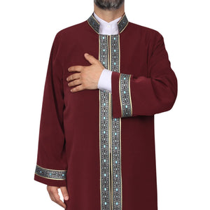 S, M, L, XL, XXL Bordeaux Thobe with blue dotted bordures, Galabiyya, Traditional Turkish Style Jubbah, Bisht, Daffah, Imams Long Kurta