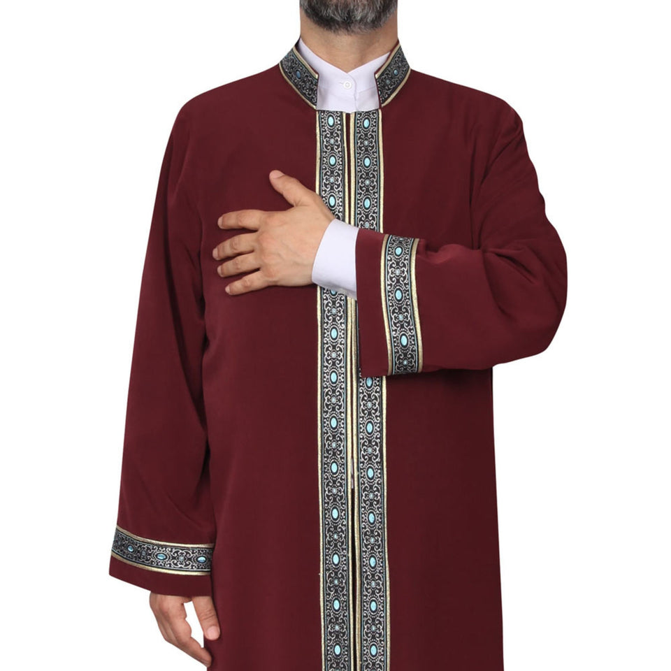 S, M, L, XL, XXL Bordeaux Thobe with blue dotted bordures, Galabiyya, Traditional Turkish Style Jubbah, Bisht, Daffah, Imams Long Kurta