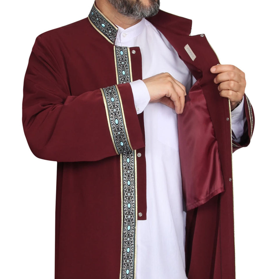 S, M, L, XL, XXL Bordeaux Thobe with blue dotted bordures, Galabiyya, Traditional Turkish Style Jubbah, Bisht, Daffah, Imams Long Kurta