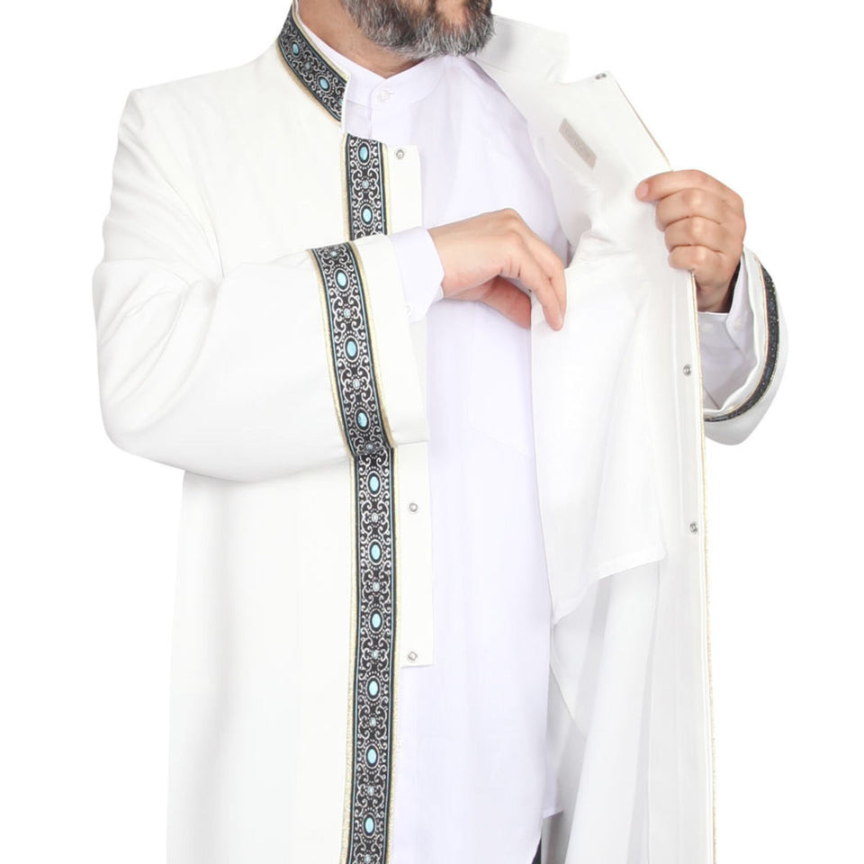 S, M, L, XL, XXL Beige Thobe with blue dotted bordures, Galabiyya, Traditional Turkish Style Jubbah, Bisht, Daffah, Imams Long Kurta