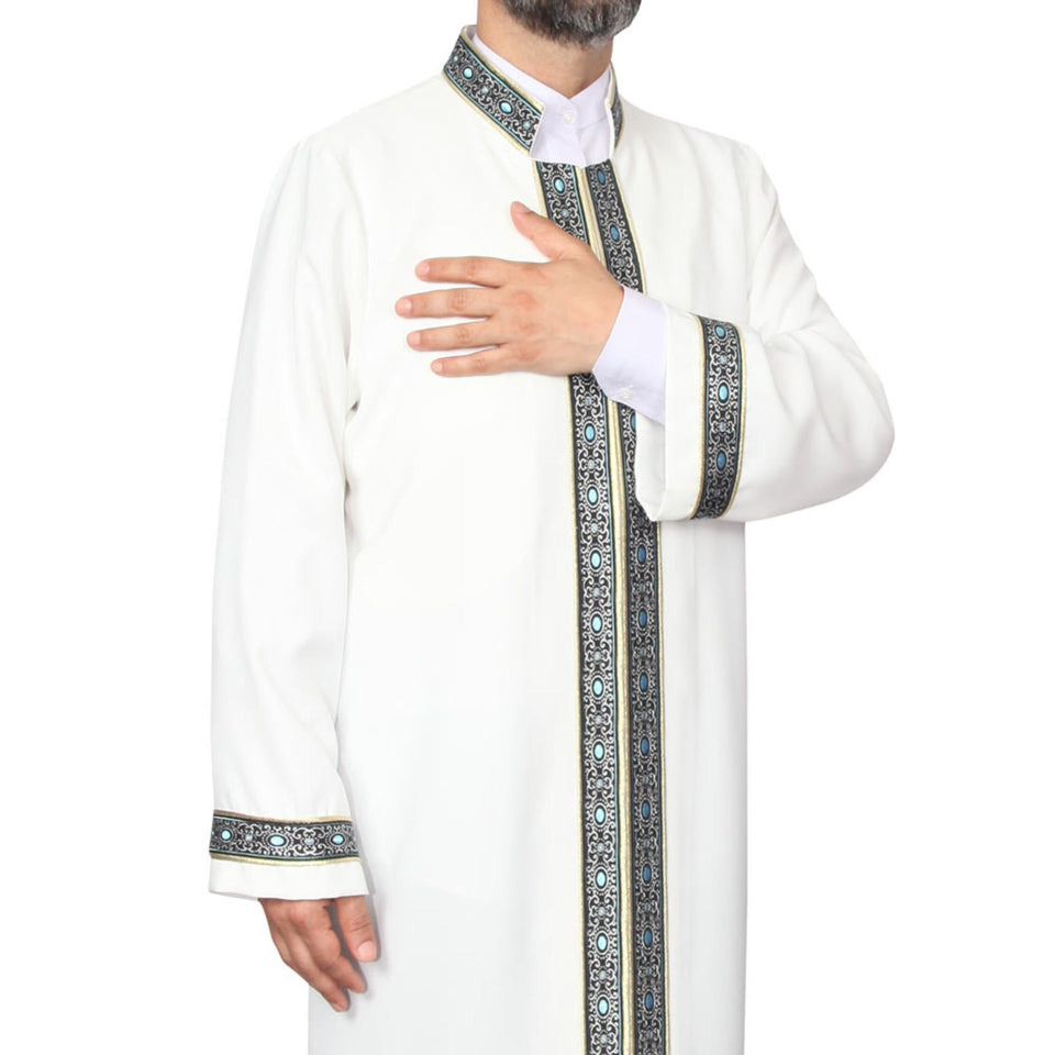 S, M, L, XL, XXL Beige Thobe with blue dotted bordures, Galabiyya, Traditional Turkish Style Jubbah, Bisht, Daffah, Imams Long Kurta