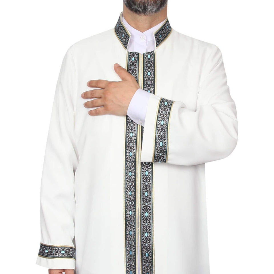 S, M, L, XL, XXL Beige Thobe with blue dotted bordures, Galabiyya, Traditional Turkish Style Jubbah, Bisht, Daffah, Imams Long Kurta