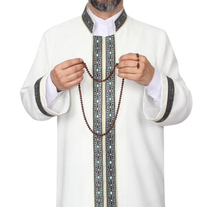 S, M, L, XL, XXL Beige Thobe with blue dotted bordures, Galabiyya, Traditional Turkish Style Jubbah, Bisht, Daffah, Imams Long Kurta