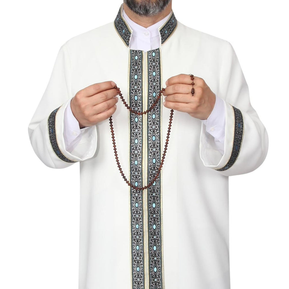 S, M, L, XL, XXL Beige Thobe with blue dotted bordures, Galabiyya, Traditional Turkish Style Jubbah, Bisht, Daffah, Imams Long Kurta