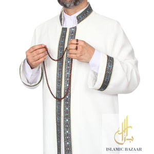 S, M, L, XL, XXL Beige Thobe with blue dotted bordures, Galabiyya, Traditional Turkish Style Jubbah, Bisht, Daffah, Imams Long Kurta