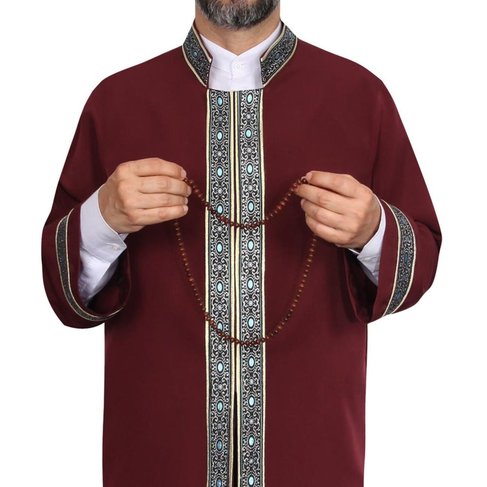 S, M, L, XL, XXL Bordeaux Thobe with blue dotted bordures, Galabiyya, Traditional Turkish Style Jubbah, Bisht, Daffah, Imams Long Kurta