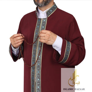 S, M, L, XL, XXL Bordeaux Thobe with blue dotted bordures, Galabiyya, Traditional Turkish Style Jubbah, Bisht, Daffah, Imams Long Kurta
