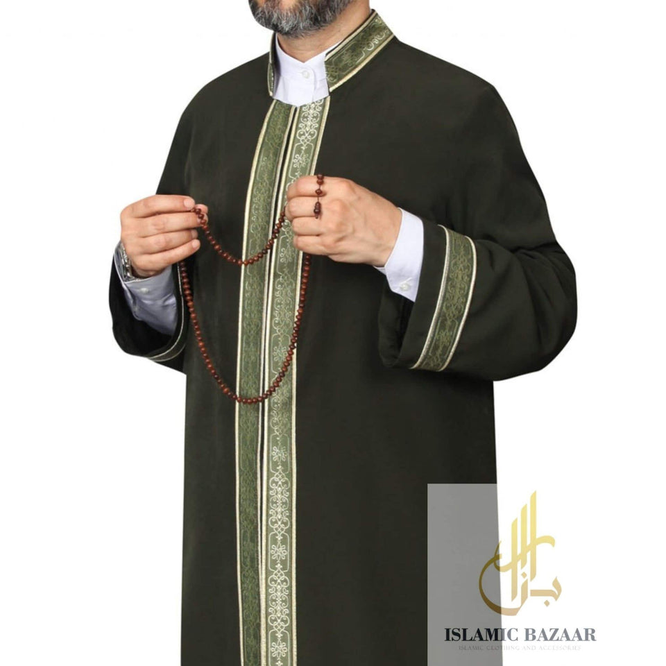 Khaki and Light Green Bordured Jubbah M, L, XL Imams Daffah, Jalabiya for Men, Muslim Mens Jubba, Thobe, Galabiyya, Long Kurta, Cubbe, Bisht
