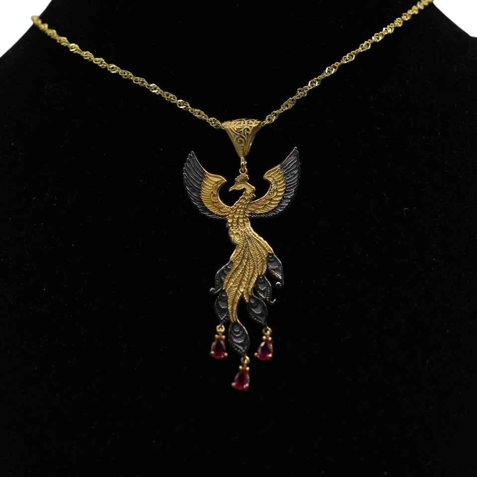 Rising Phoenix Necklace in Matte Black and Gold Plated Finish, Sterling Silver Phoenix Necklace, Simurg Bird Pendant with Chain