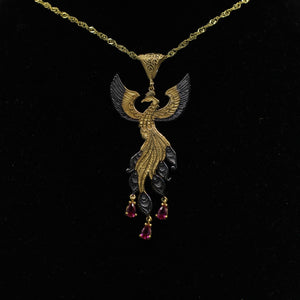 Ogrlica Feniks u usponu u mat crnoj i pozlaćenoj završnoj obradi, ogrlica s feniksom od sterling srebra, privjesak za ptice Simurg s lančićem