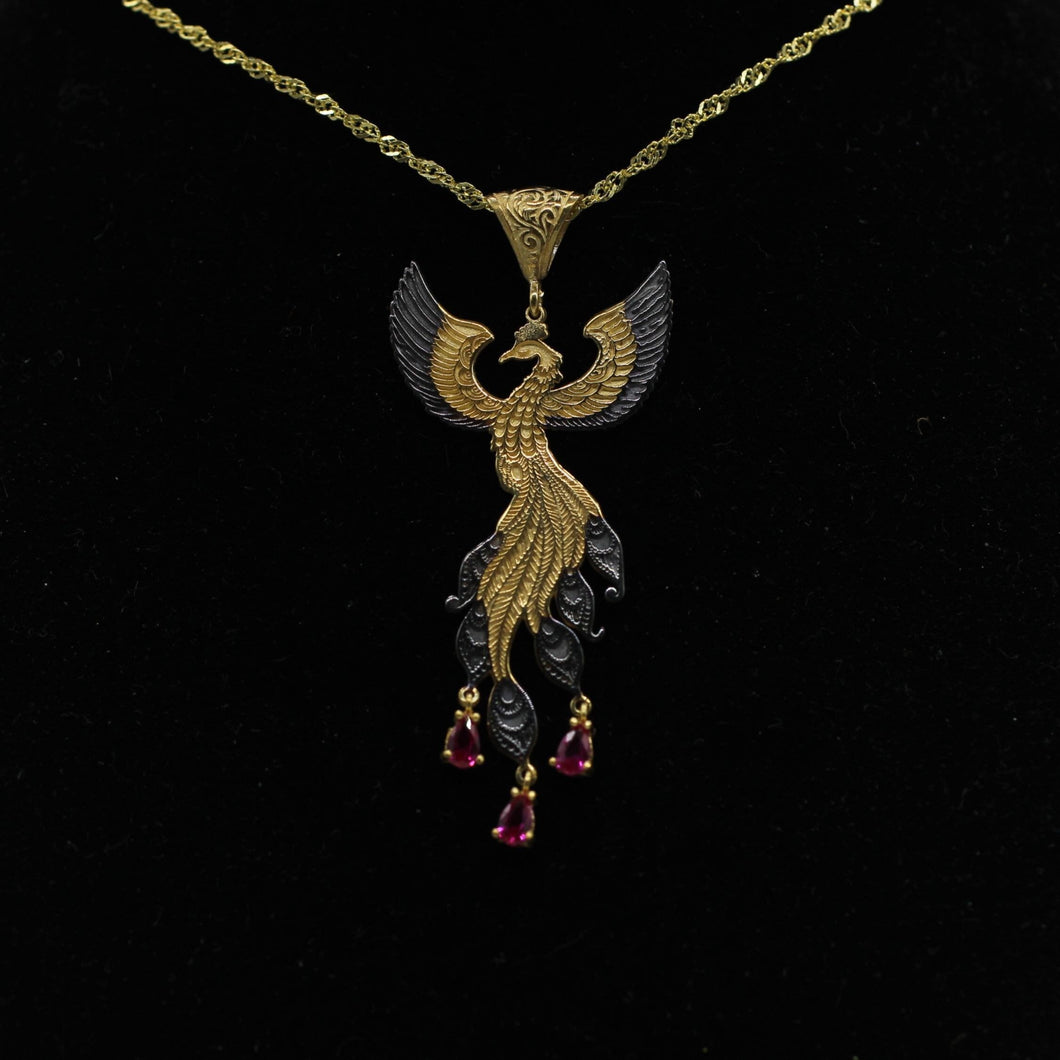 Rising Phoenix Necklace in Matte Black and Gold Plated Finish, Sterling Silver Phoenix Necklace, Simurg Bird Pendant with Chain