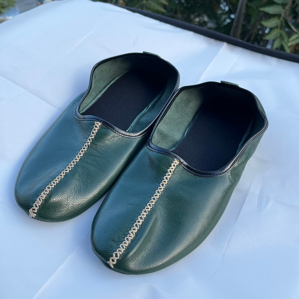 Genuine Leather Dark Green Men Babouche Slippers, Barefoot Moccasins, Tai Chi Shoes, Venetian Slippers, Yemeni Shoes, Flat Grounding Shoes