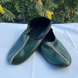 Genuine Leather Dark Green Men Babouche Slippers, Barefoot Moccasins, Tai Chi Shoes, Venetian Slippers, Yemeni Shoes, Flat Grounding Shoes