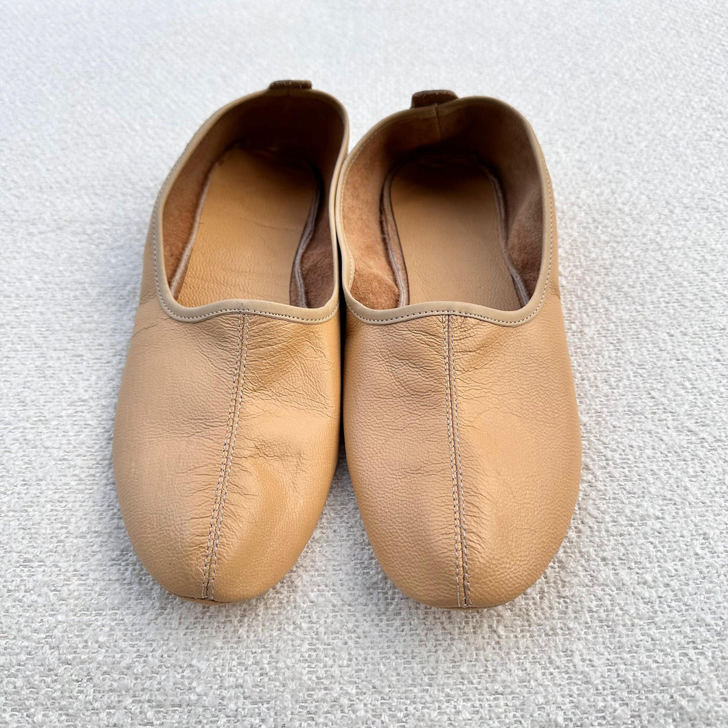 Genuine Leather Beige Tawaf Shoes in Women Size, Leather Slippers, Home Shoes, House Slippers with Leather Insole, Grounding Shoes