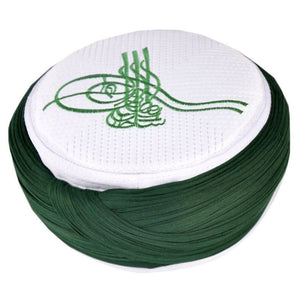 Topi Solat Islam Buatan Tangan - Tughra Hijau Bersulam Kufi Koofi imamah Cap