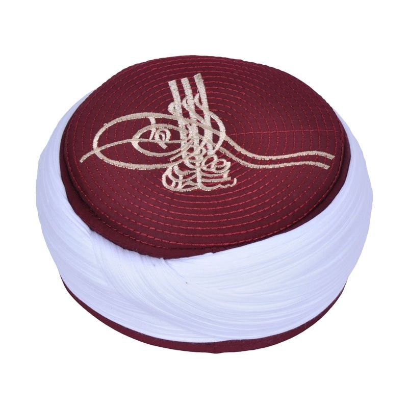 Hand Made Islamic Prayer Hat - Claret red Tughra Embroidered Mens Kufi Cap - Sarik - Skull Cap -