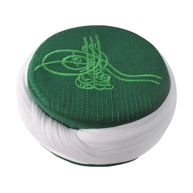 Hand Made Islamic Prayer Hat - Green Tughra Emroidered Kufi- Koofi imamah Cap - muslim skul cap - Islamic cap - Sarik -Muslim cap -