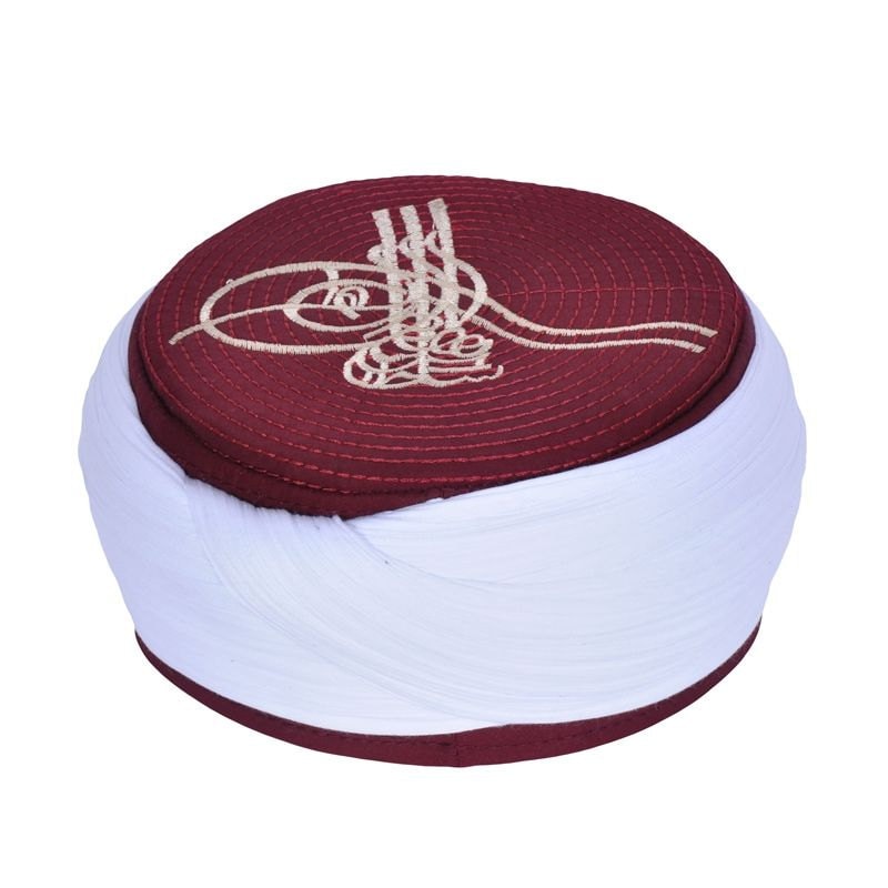 हाथ से निर्मित इस्लामी प्रार्थना टोपी - क्लैरट लाल तुग़रा कशीदाकारी मेंस कुफ़ी टोपी - सारिक - खोपड़ी टोपी -