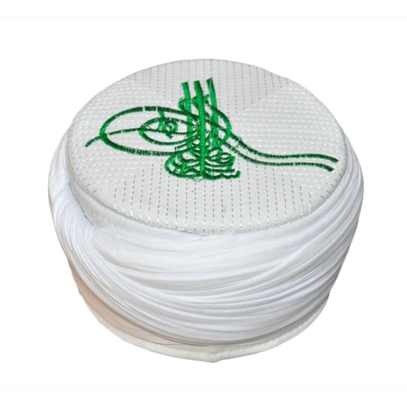 Hand Made Islamic Prayer Hat - White & Green Tughra Embroidered Mens Kufi Cap - Sarik - Skull Cap - natural fez - Turban Sarık Hat -