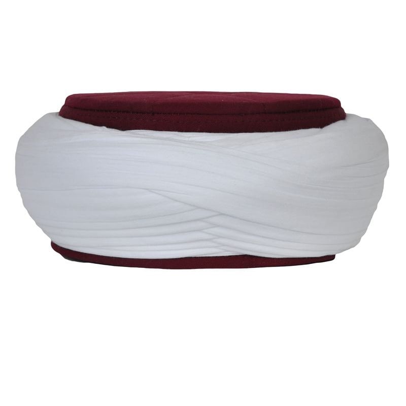 Imamah fait à la main - Art Unique islamique rouge et blanc 8m tissu Imamah Sharif - Vêtements islamiques Kufi Taqiyah avec shimla - chapeau de tête taqiyyah